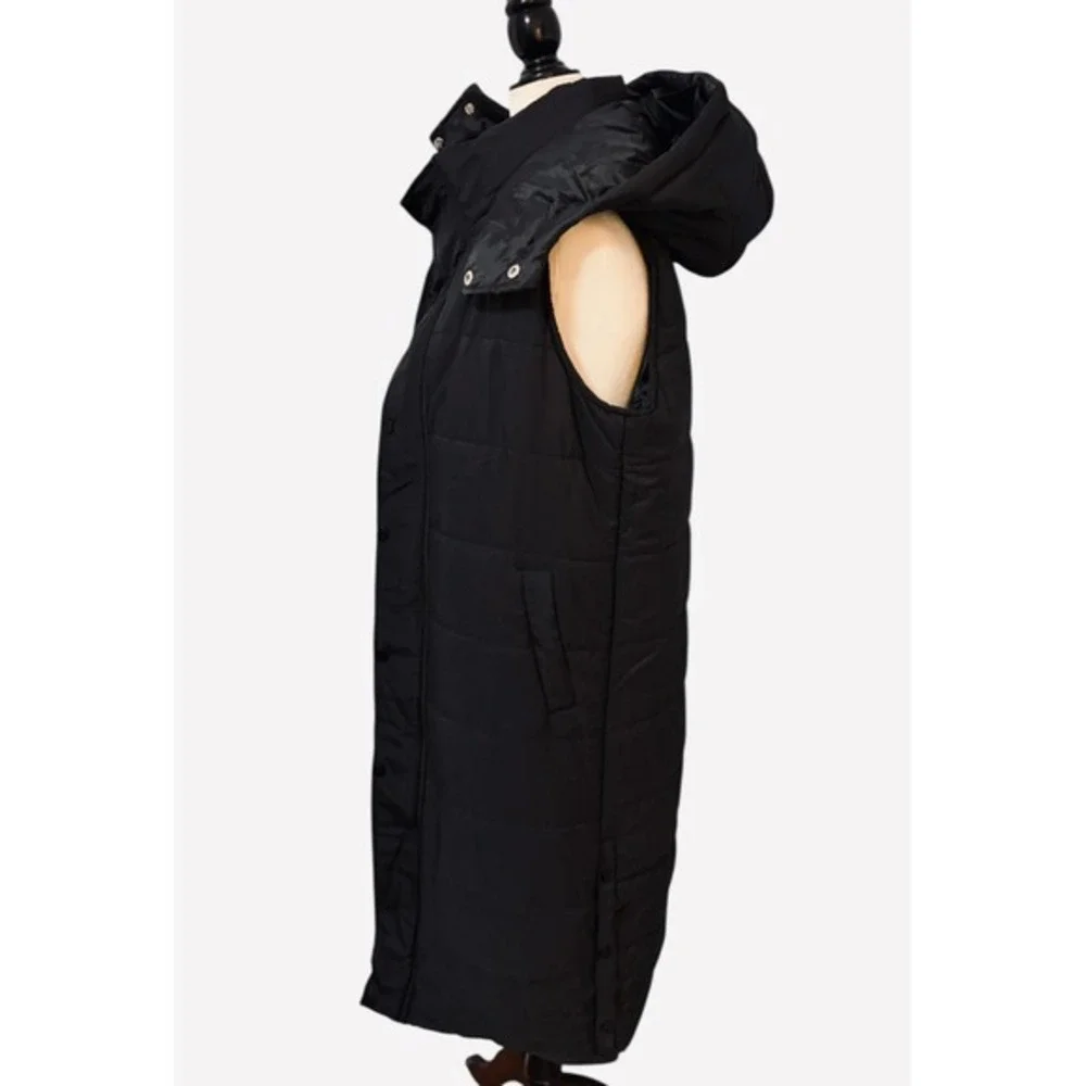 NEW Womens Small Black Long Puffer Vest Hooded Sleeveless Quilted Side Snaps - Picture 5 of 8